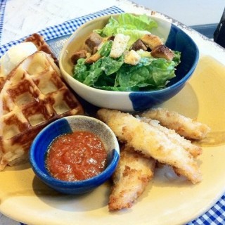 Waffles, Buffalo Chicken Strips and Salad Served with Marinara Chipotl - San Roque 's Rustic Mornings by Isabelo (San Roque )|Metro Manila