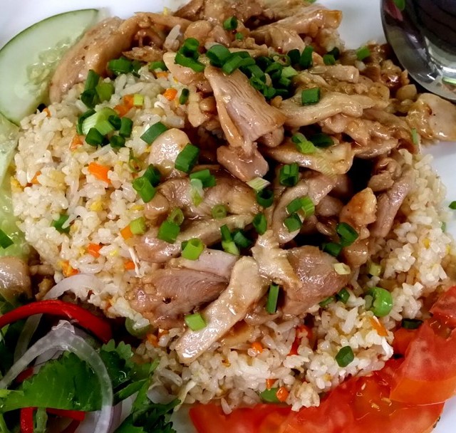 Viet fried rice with pan fried chicken slices