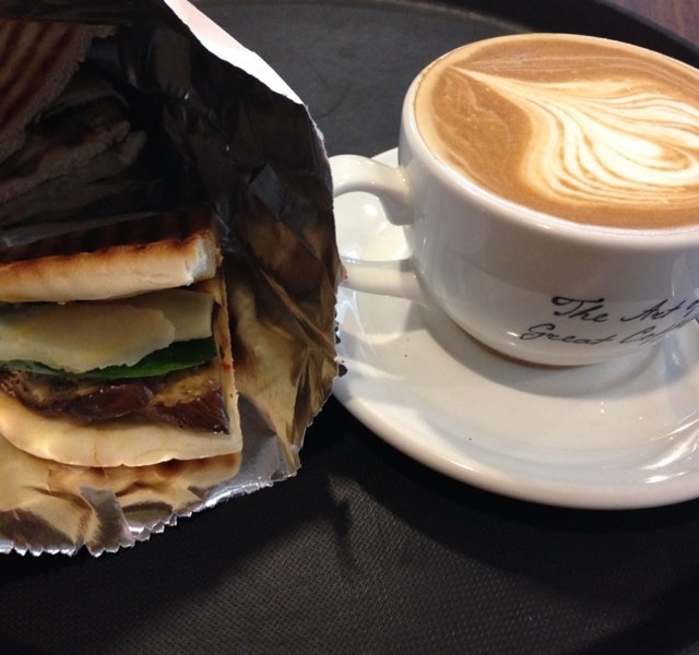 Eggplant and cheese ; flat white 