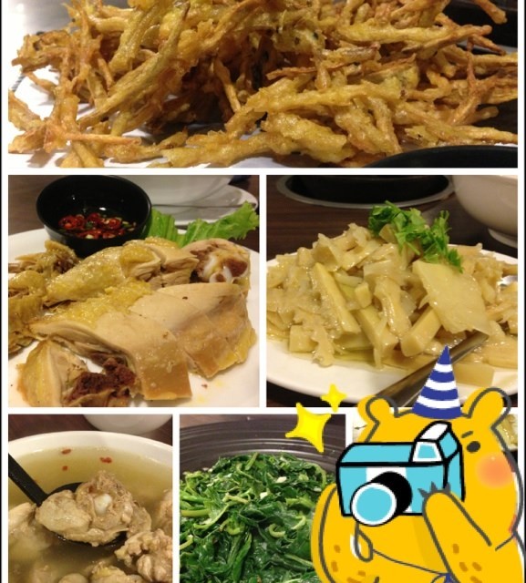 白斬土雞／炸牛蒡／炒野菜／雞油竹筍／牛蒡g湯