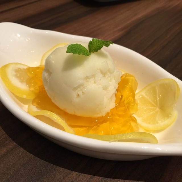 Lemon Sorbet in bed of Honey Jello