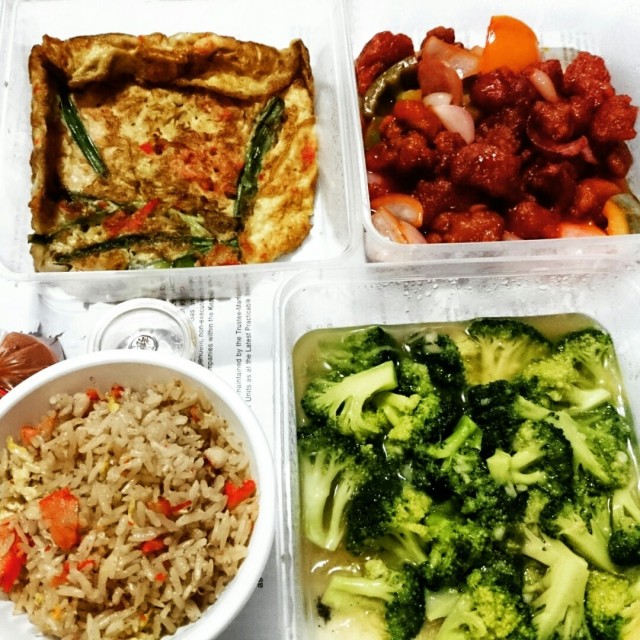 broccoli, sweet sour pork n omelette