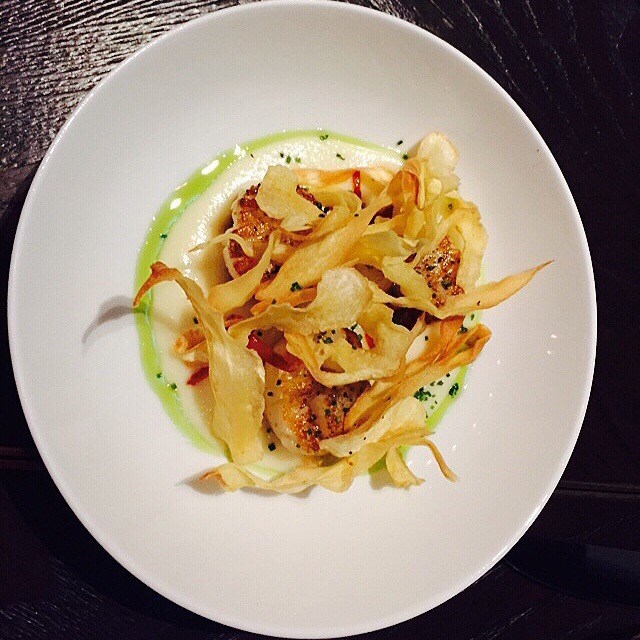 Seared Sea Scallops with Parsnip Veloute, Chorizo and Parsnip Chips