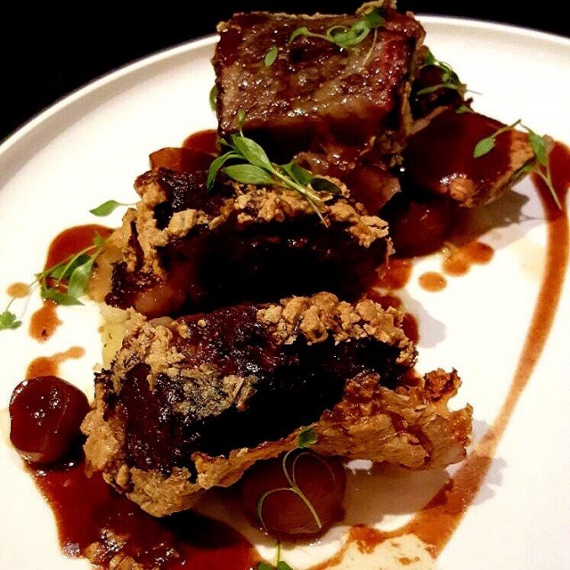 Crispy Beef Short Ribs with white kimchi, honey Soh glazed potatoes 