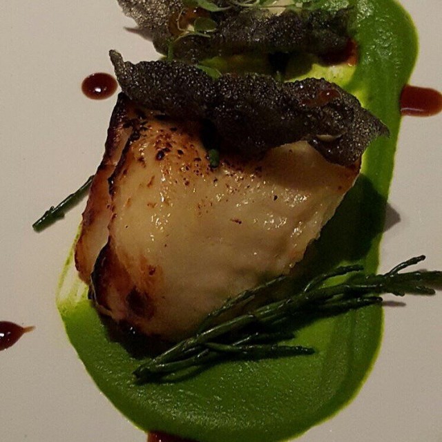 Roasted Miso Cod in Sweet Pea Purée, Ikura and Sea Beans