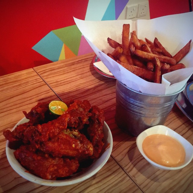 Chicken wing and sweet potato fries