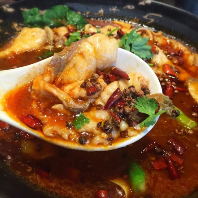 poached fish in mala broth 