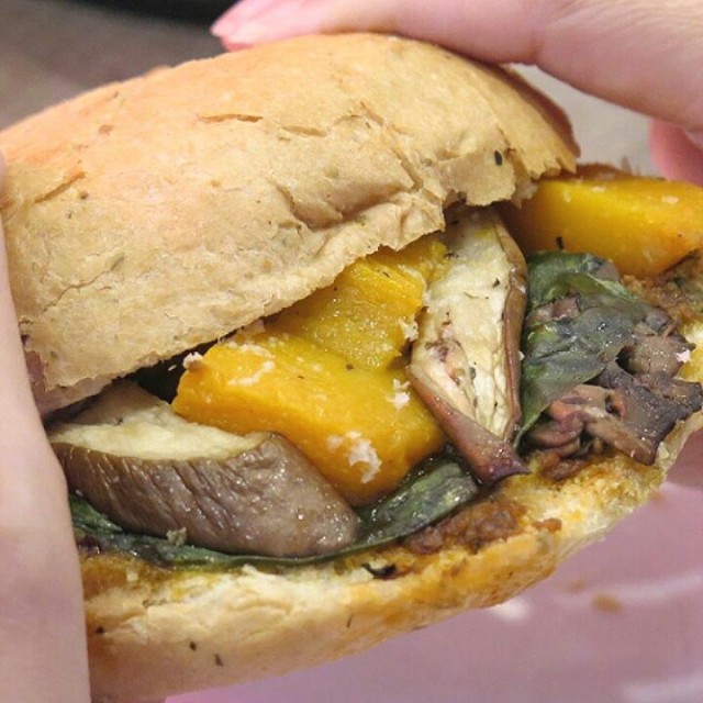 roast pumpkin and mushroom focaccia burger