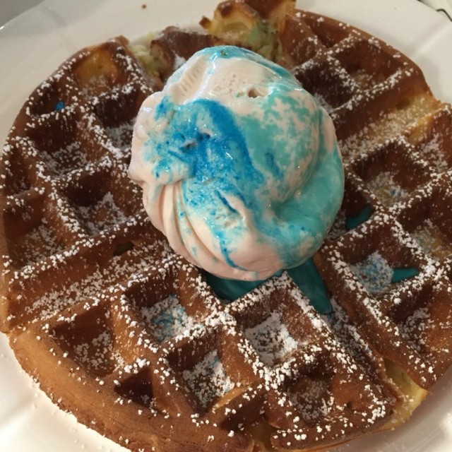 Signature blue velvet ice cream waffle