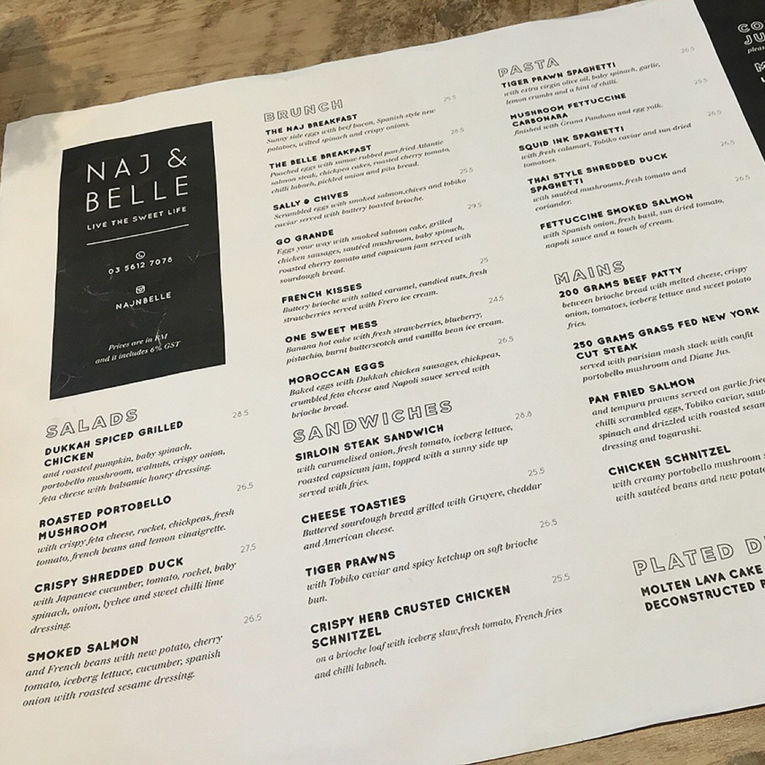 Naj and belle menu