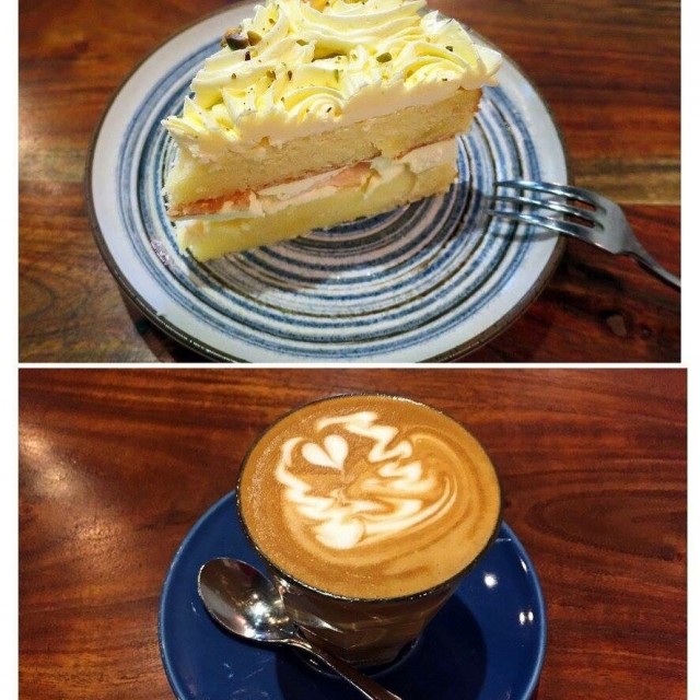 Lychee rose water sponge cake with latte